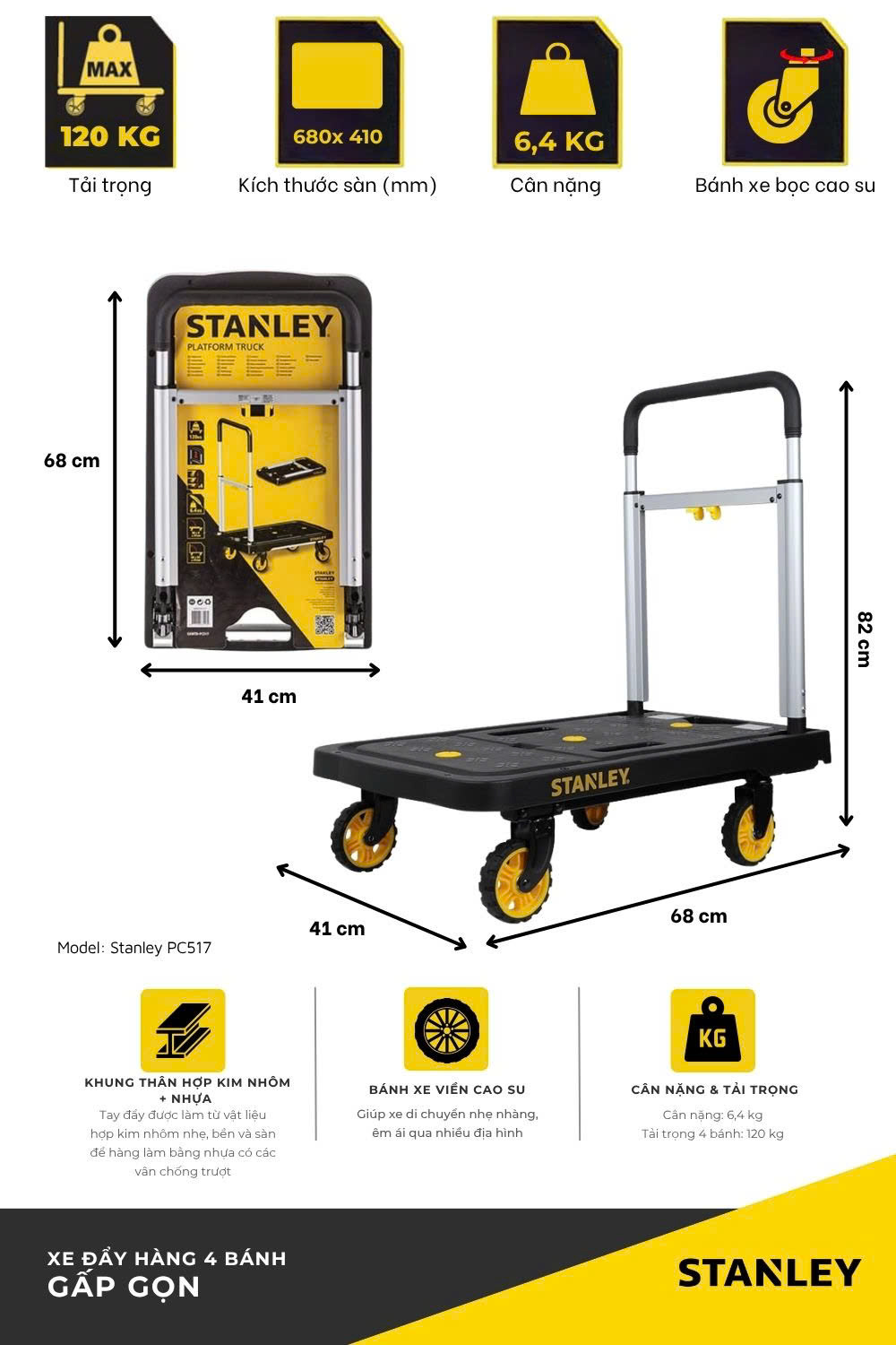 Xe Đẩy Tay 4 Bánh Cao Cấp (Có thể gấp gọn) STANLEY PC517