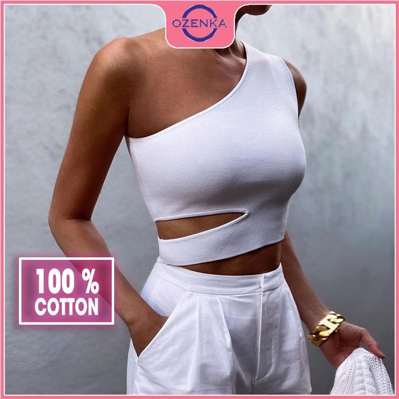 Áo croptop trễ vai sát nách nữ, áo thun nữ không tay ôm body cắt khoét eo gợi cảm màu đen trắng dưới 50 kg