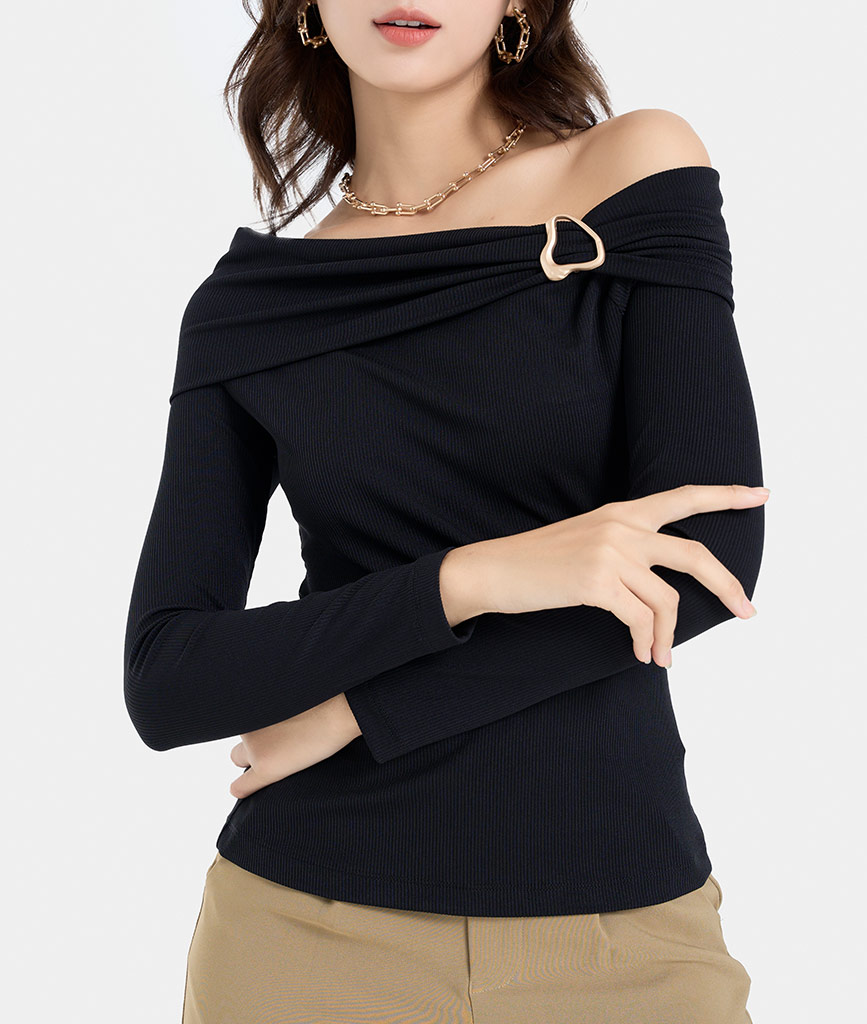 Áo Thun Gân Nữ Thời Trang HNOSS Offshoulder Gắn Khoen HNATH044