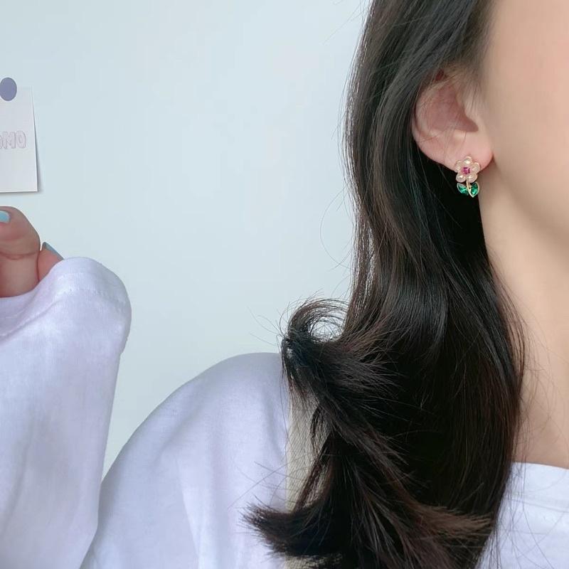 Bông Tai Khuyên Tai Nữ Cành Hoa Hồng Lá Xanh Đính Ngọc