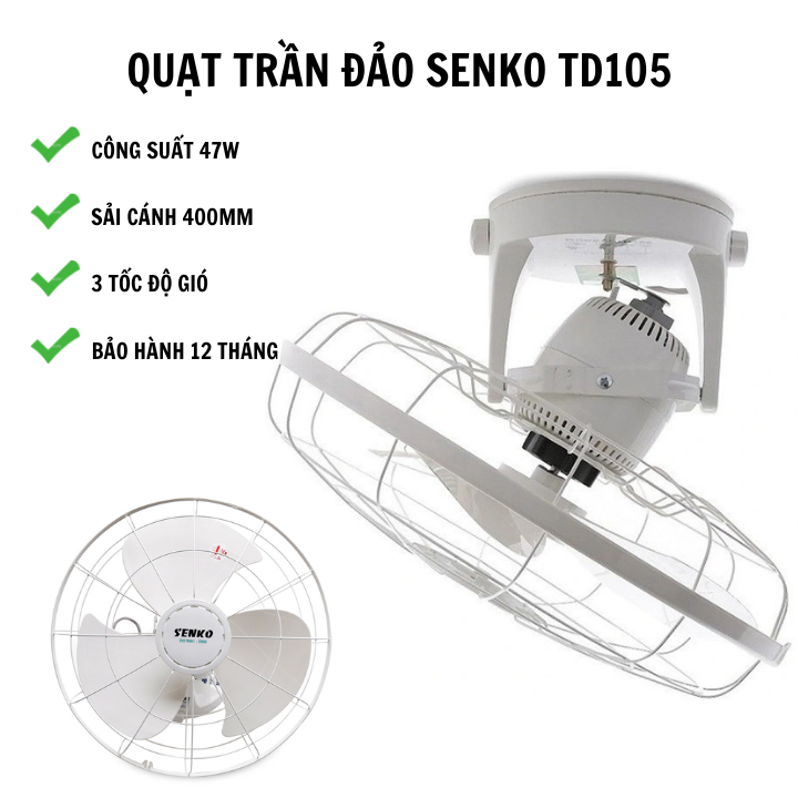 Quạt trần đảo Sothing Senko TD105, Công suất 47w, quay đảo 360 độ- Hàng chính hãng