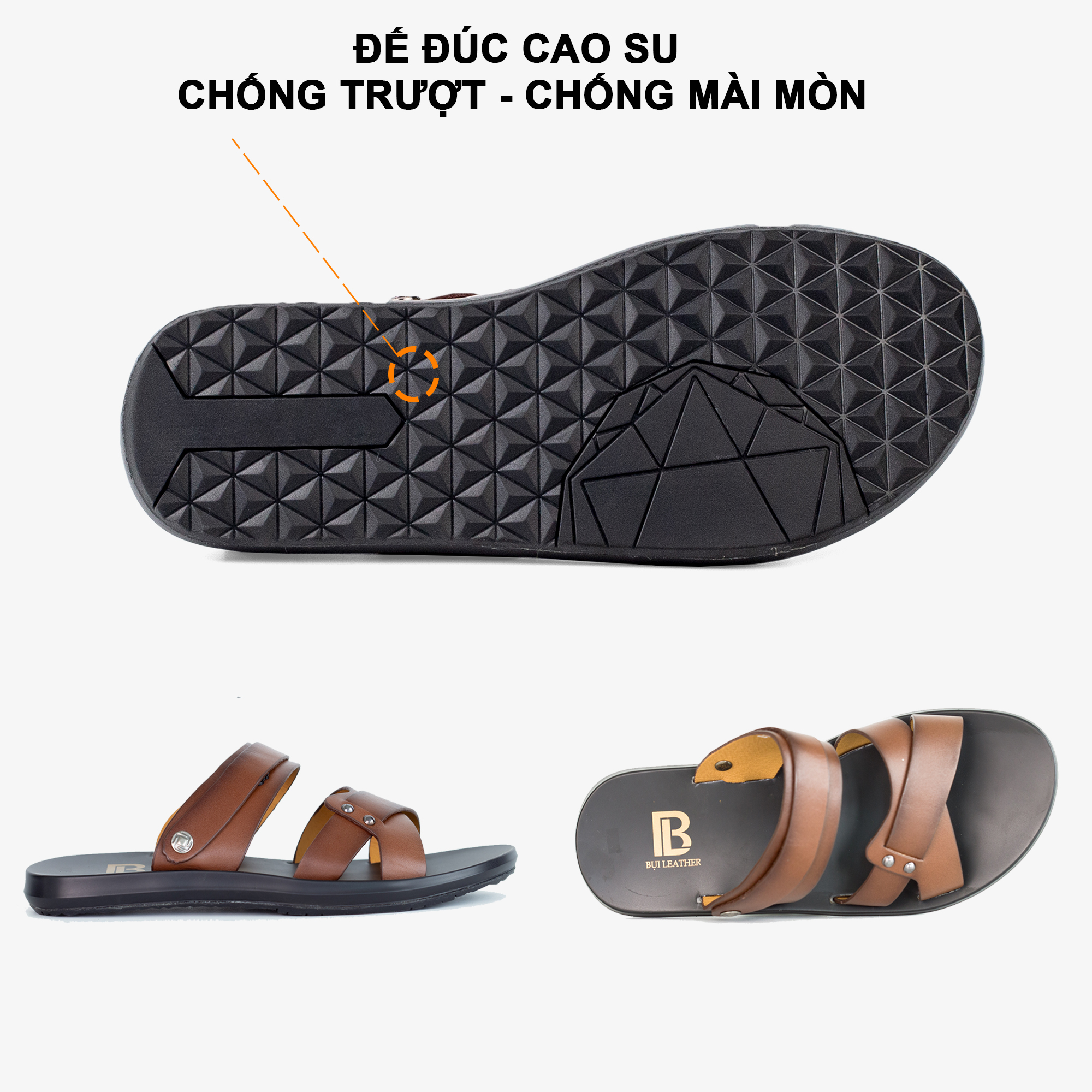 Dép nam quai ngang da bò Nappa cao cấp Bụi Leather E105, đế đúc nguyên khối đi êm chân, chính hãng