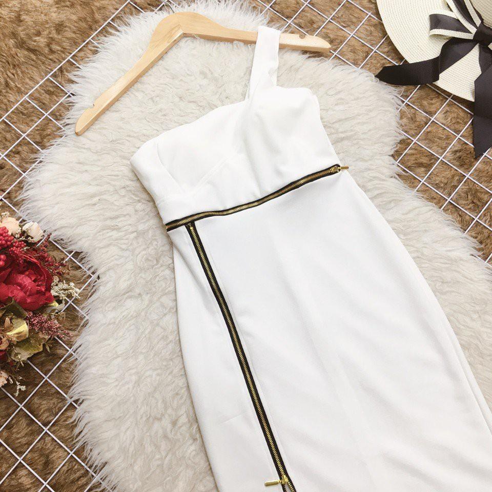 Đầm body lệch vai phối dây kéo