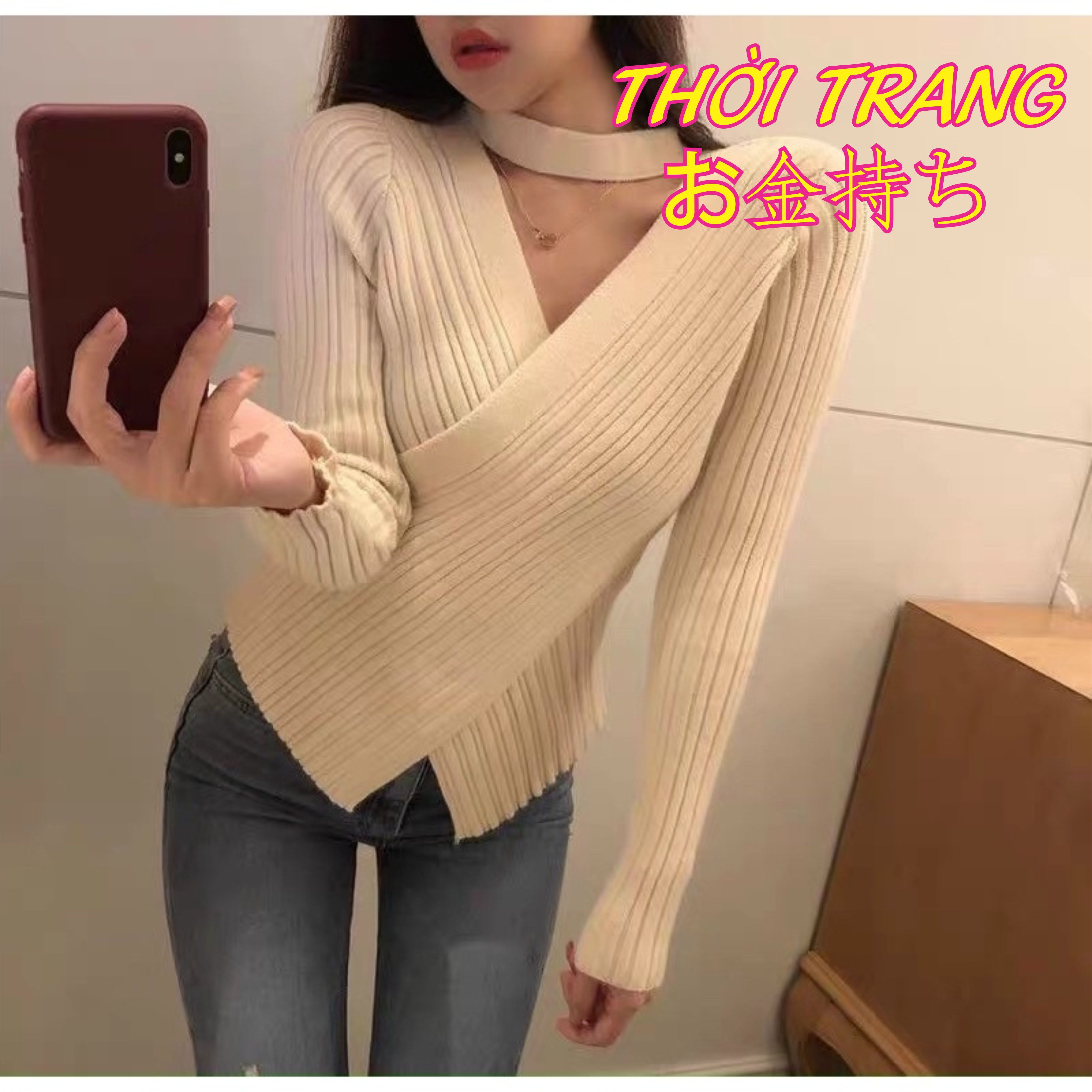 Áo len nữ vạt chéo dây cổ choker ôm dáng siêu đẹp 3432