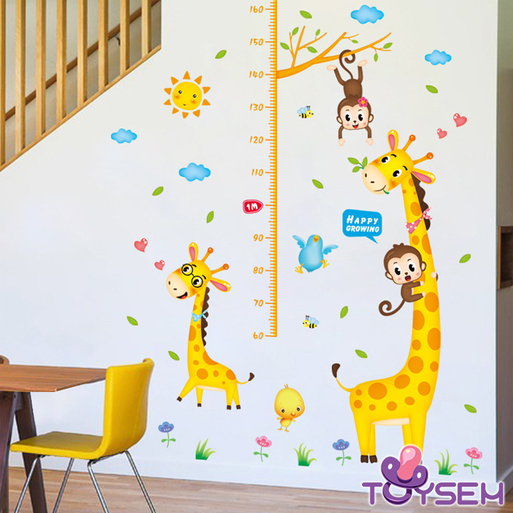 Decal dán tường thước đo chiều cao cho bé hình hươu và khỉ dễ thương - Trang trí decor phòng cho bé - Quà Tặng sinh nhật cho trẻ