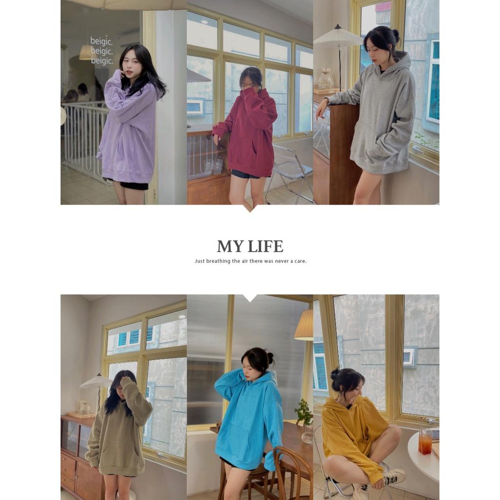Áo Hoodie Trơn Cúc Bấm Chất Nỉ Ngoại Mũ Rộng 2 Lớp Nhiều Màu