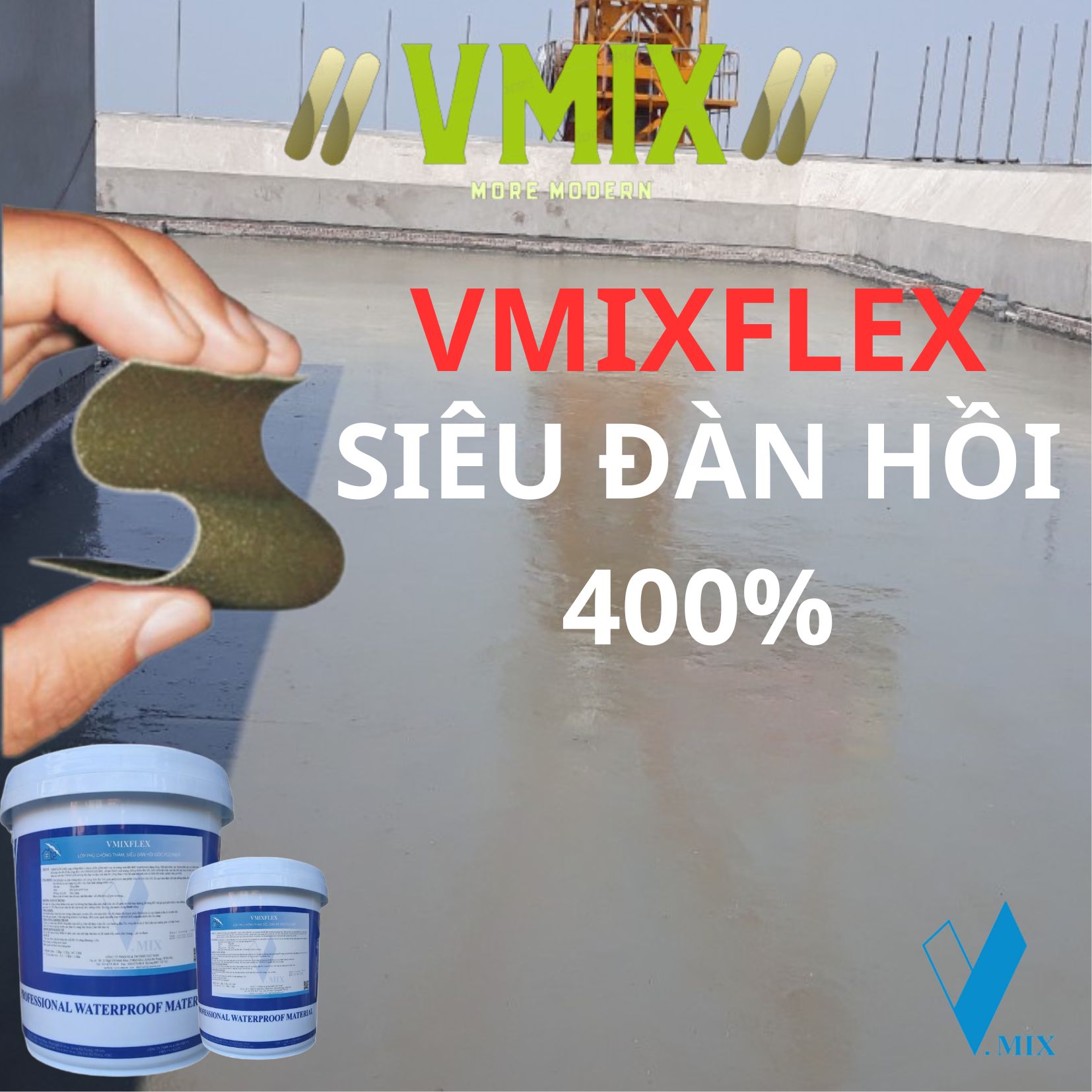 [5kg] Chống thấm không độc hại dùng cho bể cá koi,bể nước sinh hoạt ,cho bể bơi,sàn mái,ban công,tường ngoài nhà,nhà vệ sinh,dễ dàng thi công ,độ đàn hồi cao ,VMIXFLEX.VMIX ECO