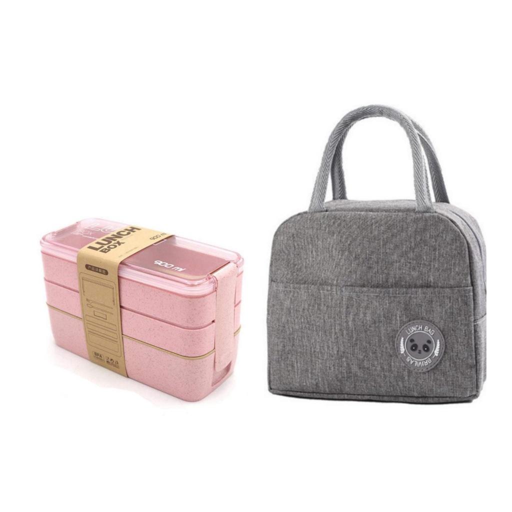Combo hộp cơm lúa mạch 3 tầng 900ml+túi giữ nhiệt trơn logo gấu- Hộp cơm size ngang 17.5cm x cao 11cm x rộng 7.5cm
