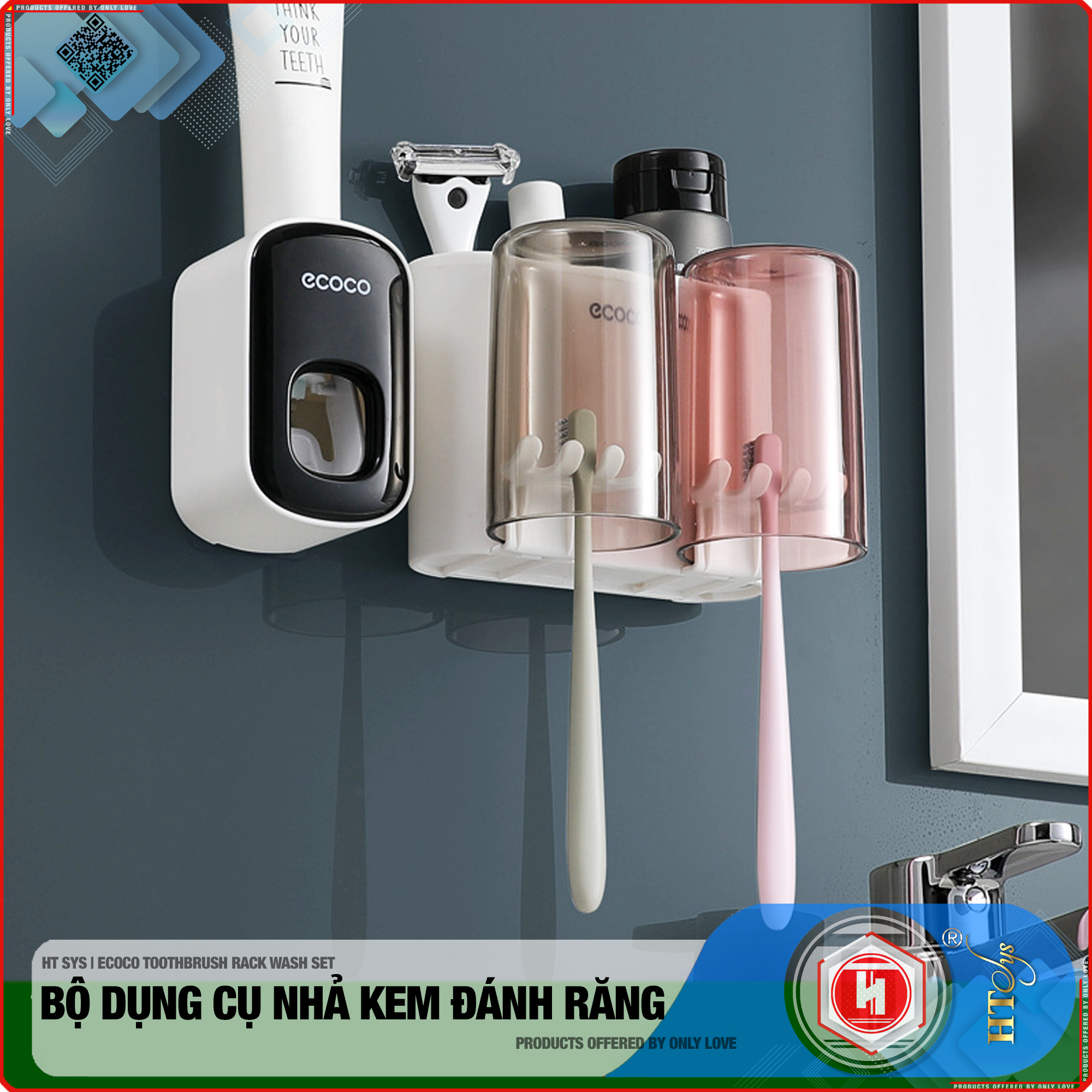 Bộ dụng cụ nhả kem đánh răng tự động độc lập và giá treo bàn chải đa năng 02 cốc HT SYS-ECOCO-E1924 - chất liệu ABS cao cấp