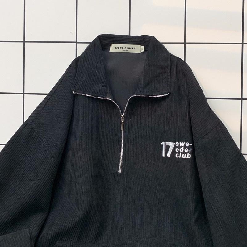 Áo Sweater 17MM Phối Zip Vải Nhung Gân Form Rộng Ulzzang Unisex Nam nữ unisex Áo Sweater có cổ Jaystoree