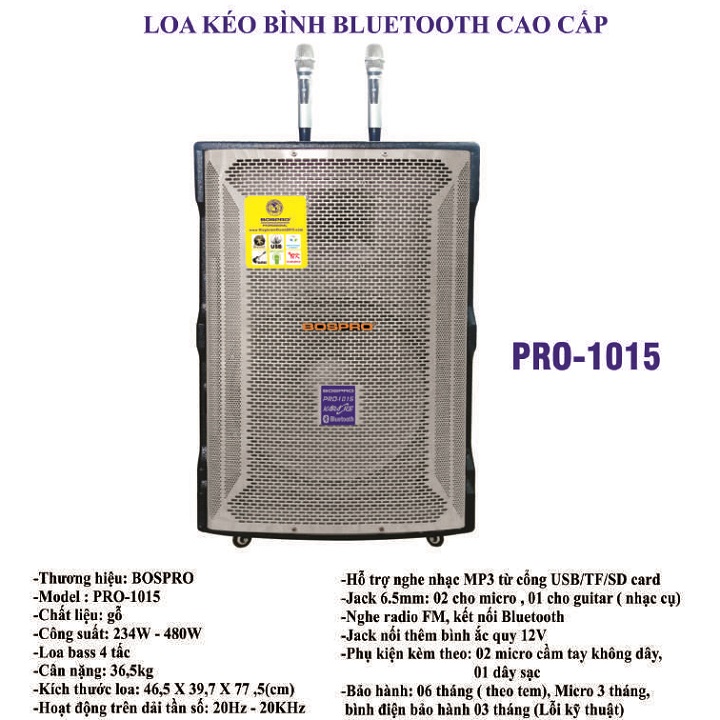 Loa kéo Bình điện Bluetooth Cao cấp BOSPRO PRO-1015 Hàng chính hãng cao cấp