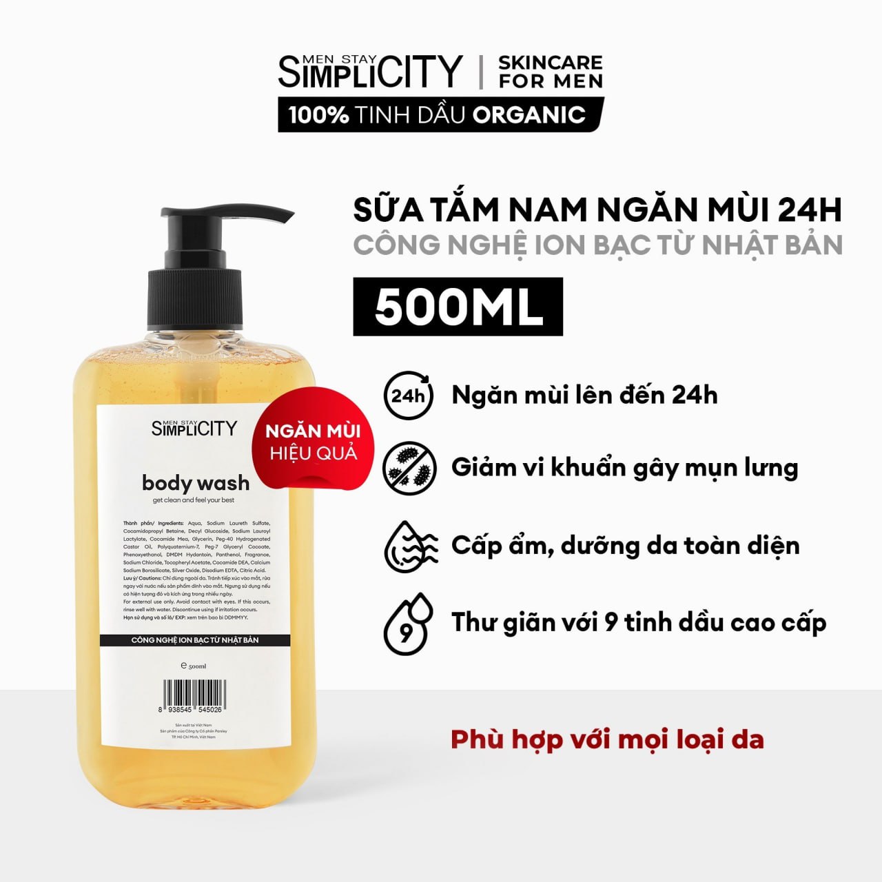 Sữa tắm nam Men Stay Simplicity tinh dầu organic dưỡng ẩm và ngăn mùi 24h tự tin dẫn đầu Body wash for Prime 500ml