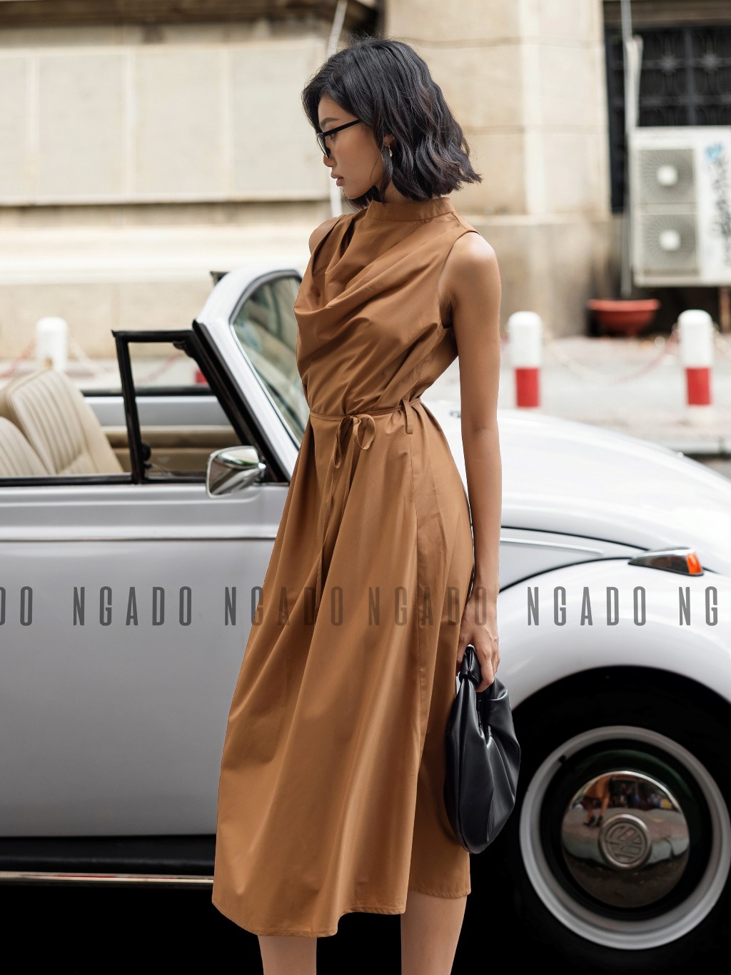 Đầm nâu cổ đổ NGADO, Đầm nữ sát nách cột eo, Đầm vintage