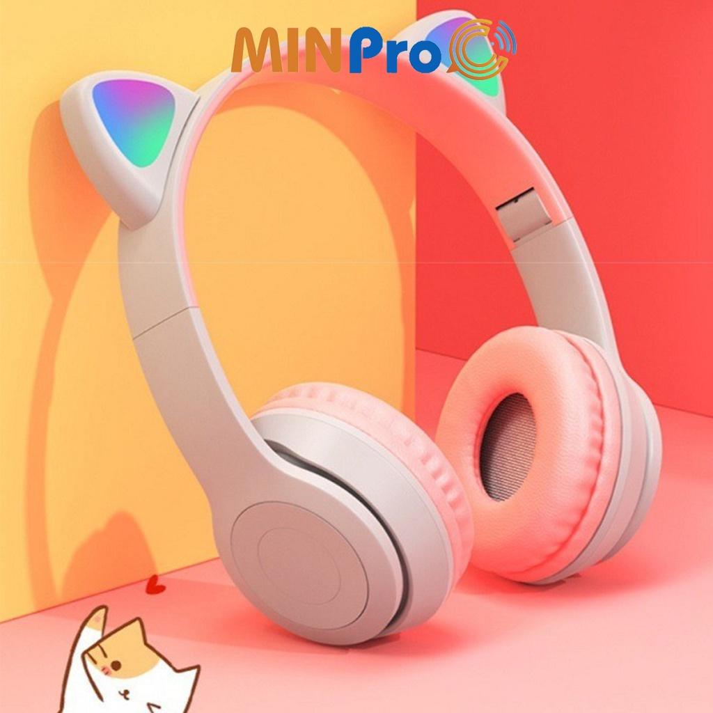 Tai nghe chụp tai mèo bluetooth 5.0 cute, Headphone tai mèo 7 màu led phát sáng không dây có mic - MINPRO