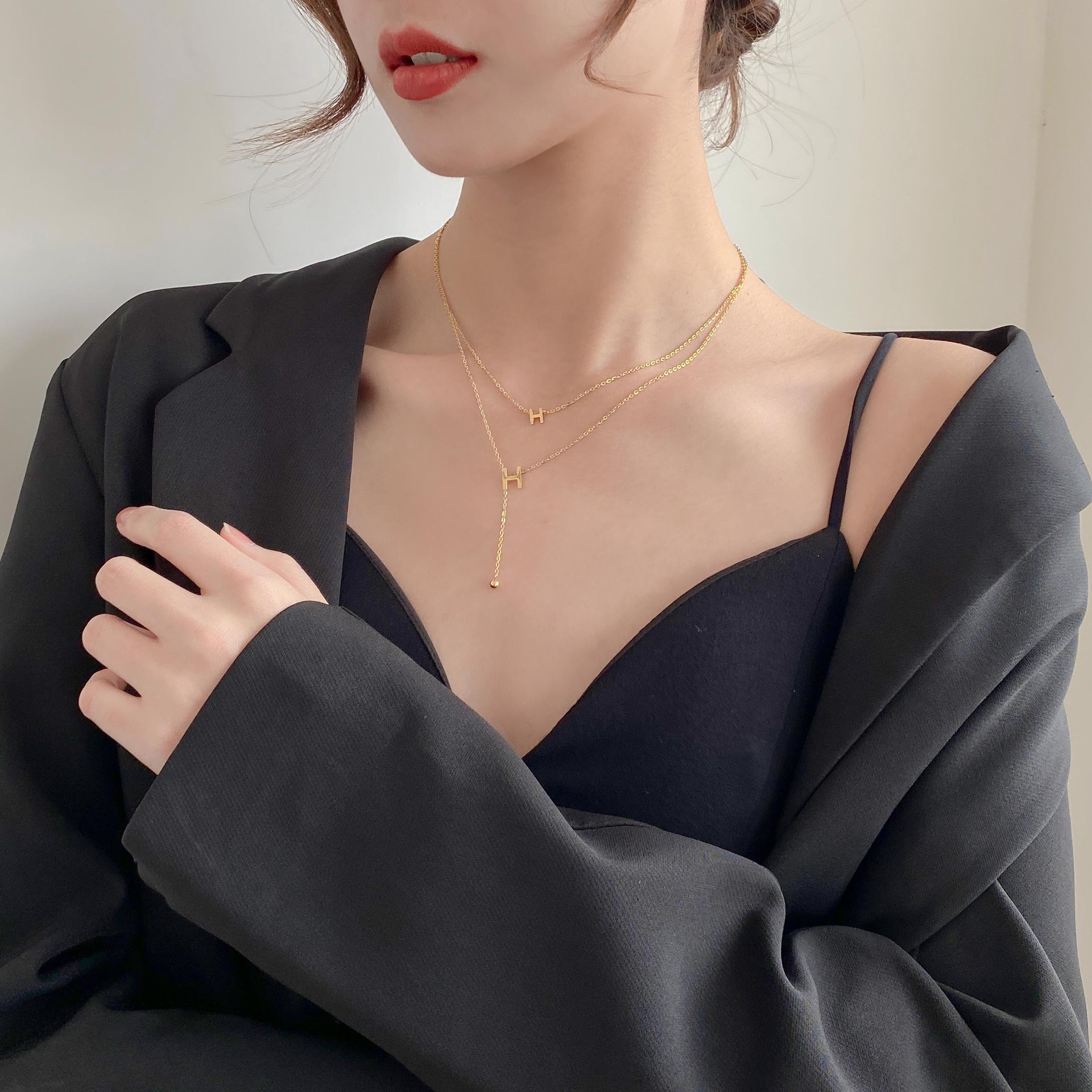 Dây chuyền titan nữ 2 lớp mặt chữ H cá tính không đen gỉ