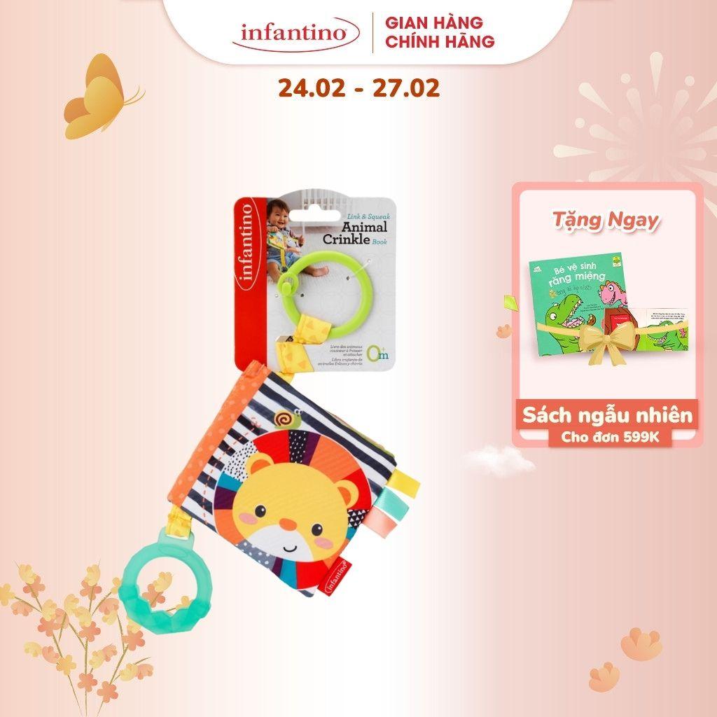 Sách Vải Treo Có Tiếng Sột Soạt Kiêm Gặm Nướu INFANTINO Link &amp; Squeak Animal Crinkle Book Đồ Chơi Dành Cho Bé Từ 0M