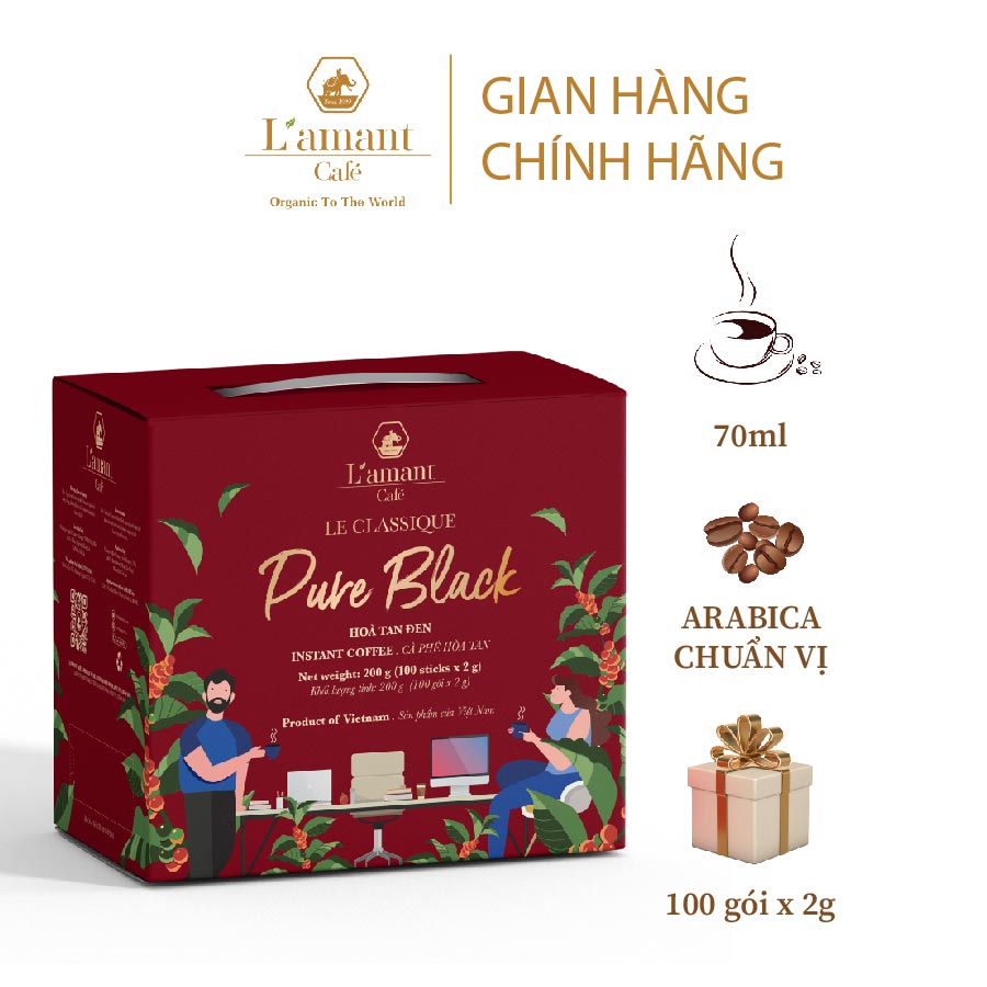 Cà phê hòa tan đen L'amant Pure Black vị nguyên chất đậm cà phê (Hộp 100 gói x 2gr)