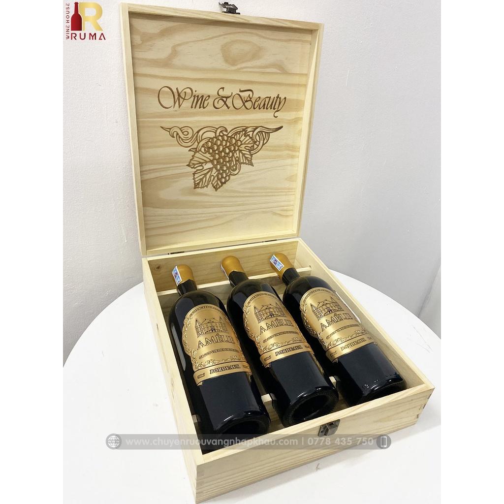 Quà tặng hộp gỗ 3 chai rượu vang Pháp Amelie
