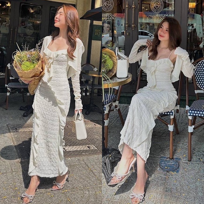 ĐẦM MIDI DÀI 2 DÂY CỔ U SUÔNG TRƠN ÔM BODY BÈO + KHOÁC LỬNG CARDIGAN HỒNG PASTEL ĐEN TRẮNG ĐI BIỂN DỰ TIỆC ĐI CHƠI DẠO PHỐ