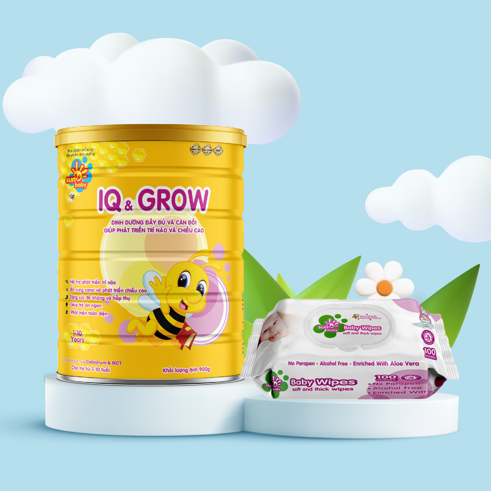 Sữa Bột Dinh Dưỡng IQ GROW Sunbaby Hỗ Trợ Phát Triển Trí Não Và Chiều Cao (900g) QQ2810_Tặng kèm bịch khăn ướt sunbaby 100 tờ không mùi