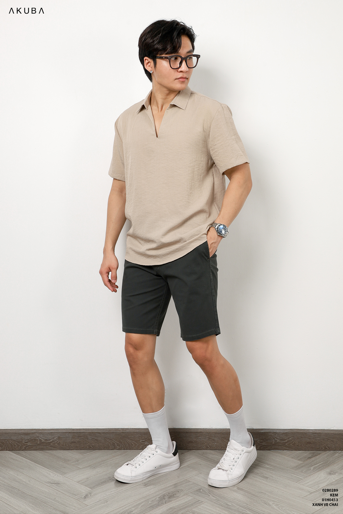 Áo linen nam có cổ tay ngắn trơn AKUBA form regular, vải linen nhẹ, thấm hút cực tốt, thân thiện môi trường 02B0289