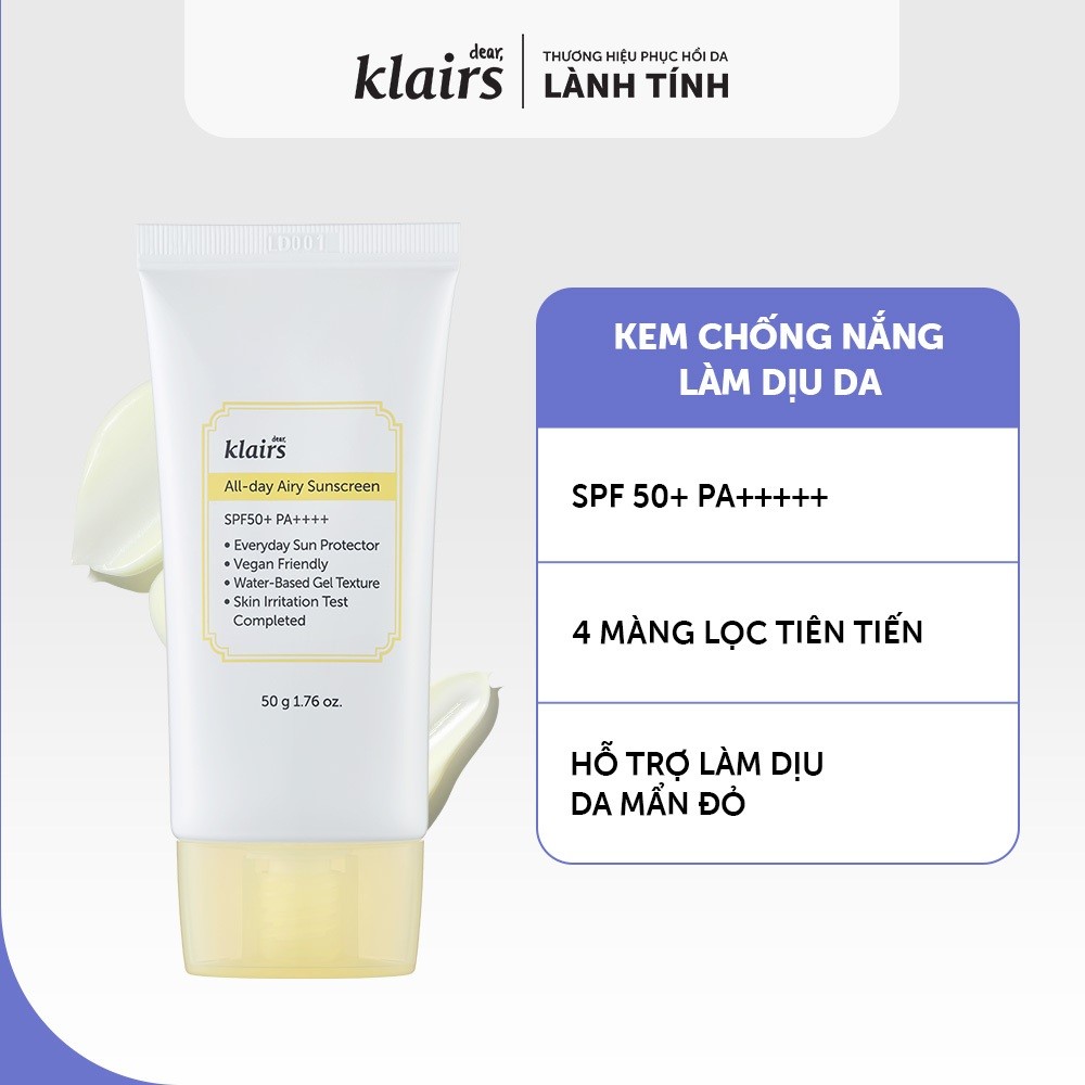 Combo Dear, Klairs Kem chống nắng All-day Airy Sunscreen SPF50+ PA++++ 50g+Tinh chất Freshly Juiced Vitamin C 35ml