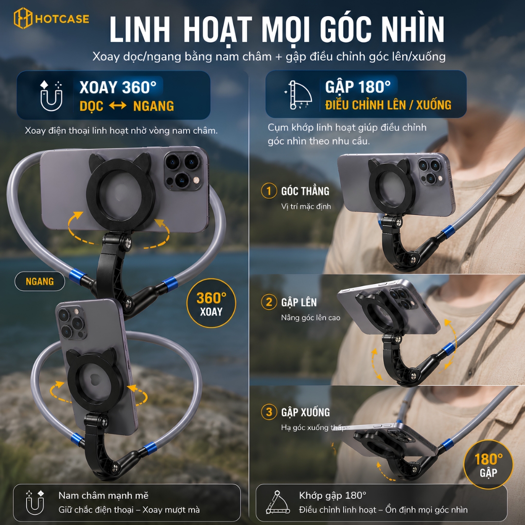 Giá Đỡ Đeo Cổ hộ trợ quay video POV, Vlog hiệu HOTCASE Neck Holder Magnetic N52, Dây Mềm Êm Ái, Gập 180° Chỉnh Góc  Rảnh Tay cho iphone Samsung - Hàng nhập khẩu