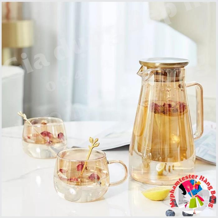 Bộ bình và cốc trứng thủy tinh chịu nhiệt vàng hổ phách