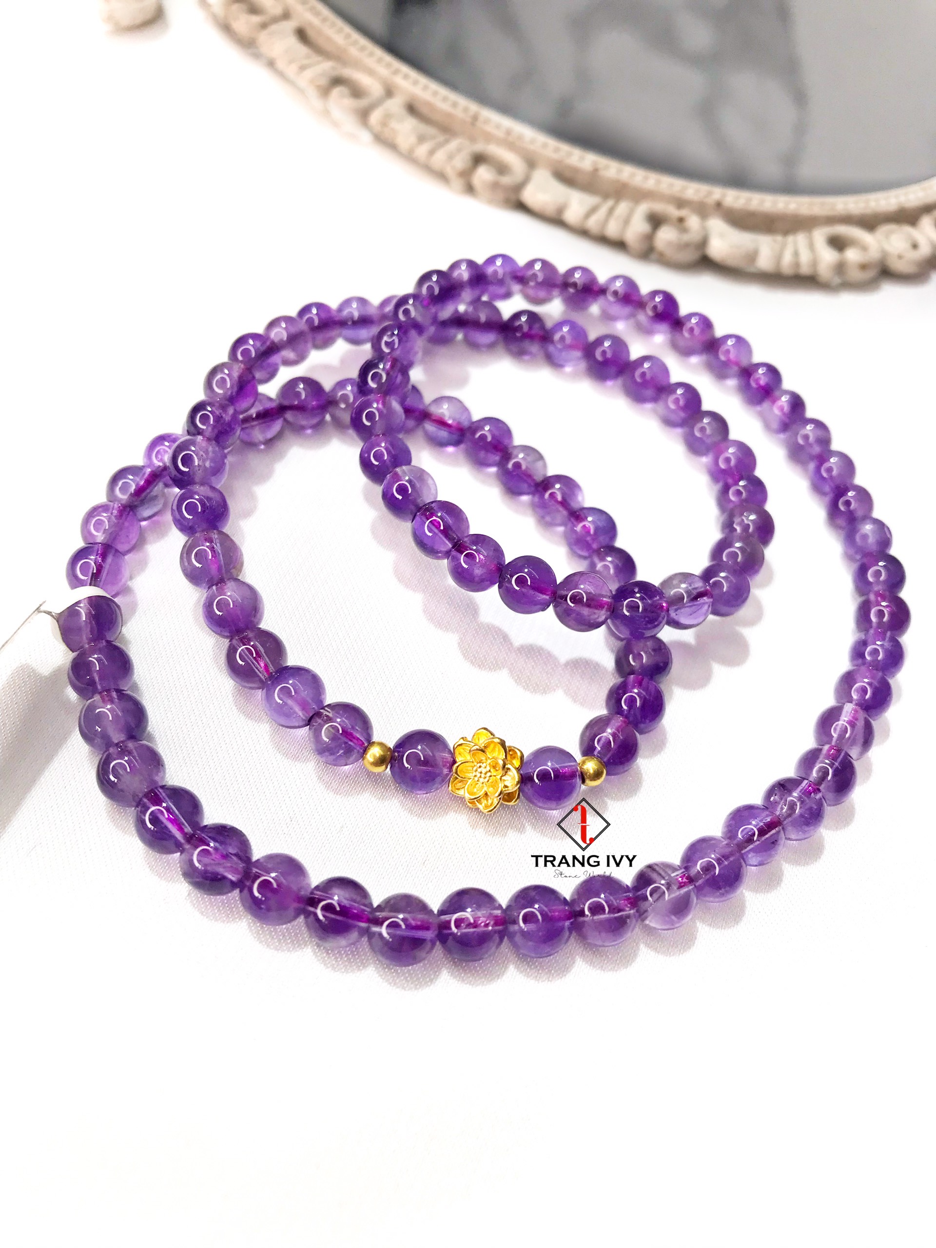 Vòng tay thạch anh tím mix Hoa sen vàng 24k