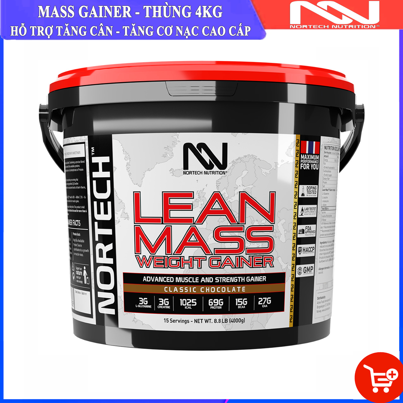 Sữa tăng cân tăng cơ LEAN MASS của Nortech Nutrition thùng 4kg hỗ trợ tăng cân tăng cơ nạc, hạn chế mỡ