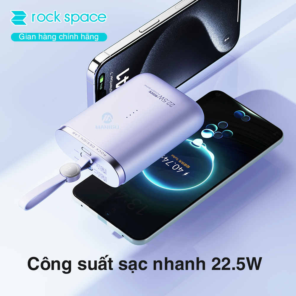 Pin dự phòng mini tích hợp dây sạc Rockspace Powersack 10000mAh sạc nhanh 22.5w hàng chính hãng có bảo hành