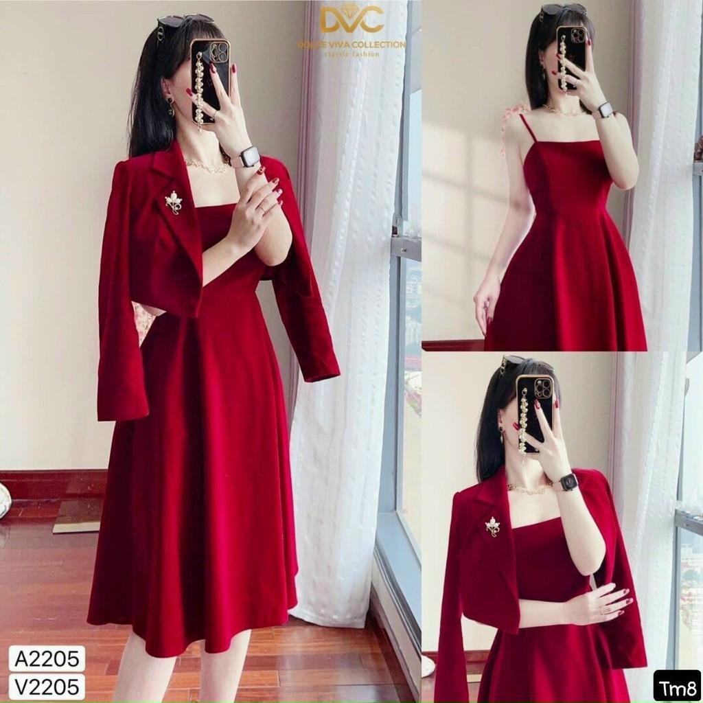 Sét đầm nữ 2 dây from xòe dáng dài kèm áo khoác vest ngắn ngoài, sang trọng, thanh lịch cho quý cô dự tiệc siêu xinh