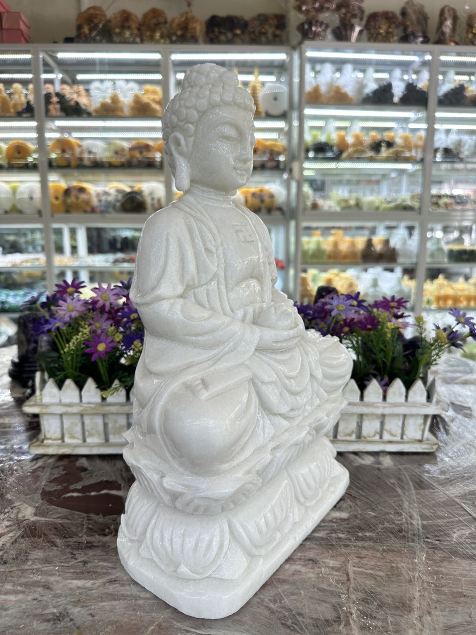 Tượng Phật A Di Đà, phật tổ như lai ngồi đài sen đá cẩm thạch trắng - Cao 40 cm