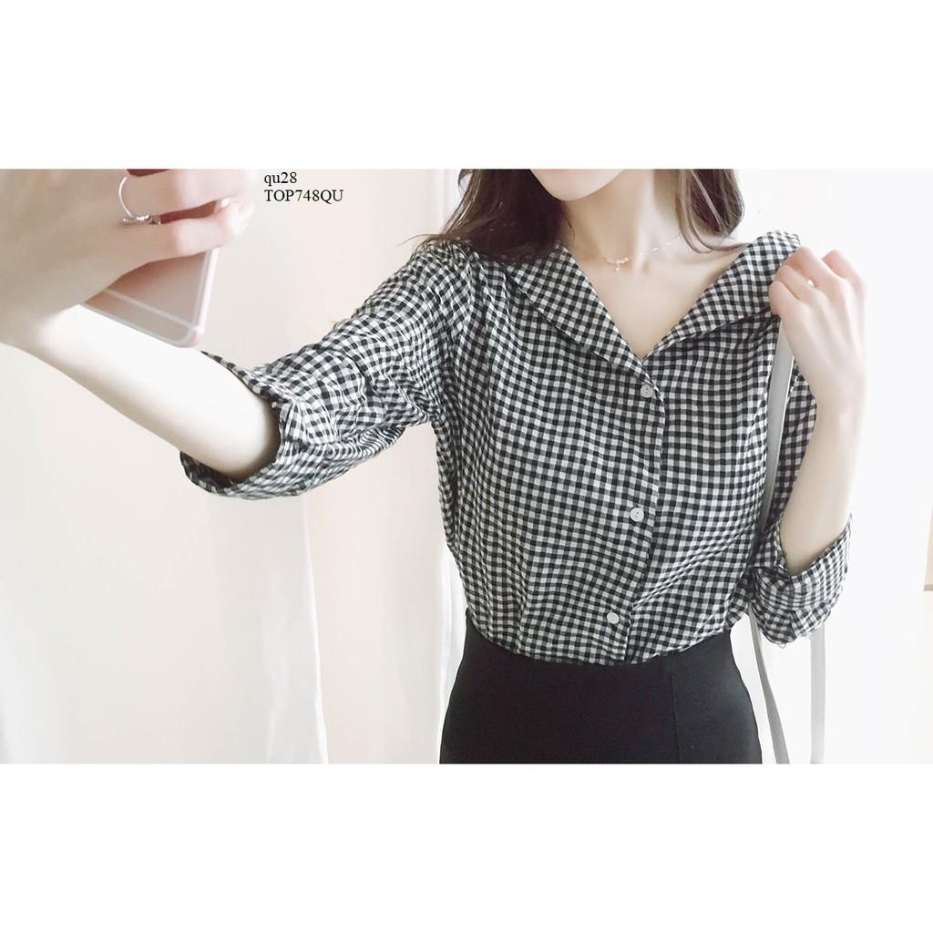 TOP664 ÁO CARO KIỂU CỔ V
