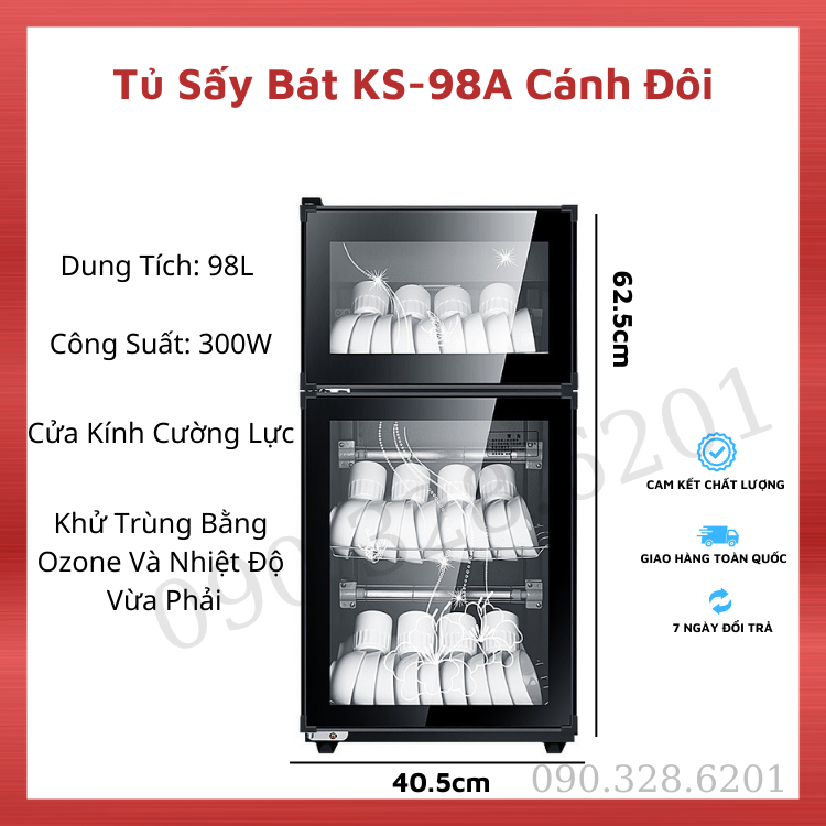 Tủ sấy bát đĩa khử khuẩn cửa kính 2 tầng, máy sấy bát dung tích 98L