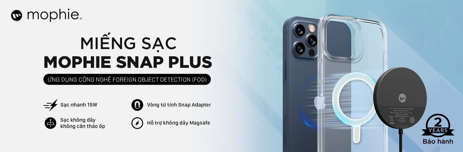 Miếng sạc Mophie Snap Plus - sạc nhanh không dây chuẩn Qi, công suất lên tới 15w, nam châm hít, vòng từ tính adapter - Hàng chính hãng