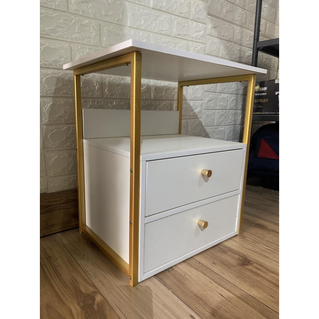 Tủ đầu giường 2 ngăn , kệ đầu giường decor khung sắt mạ vàng 45x34x50cm - MoZi