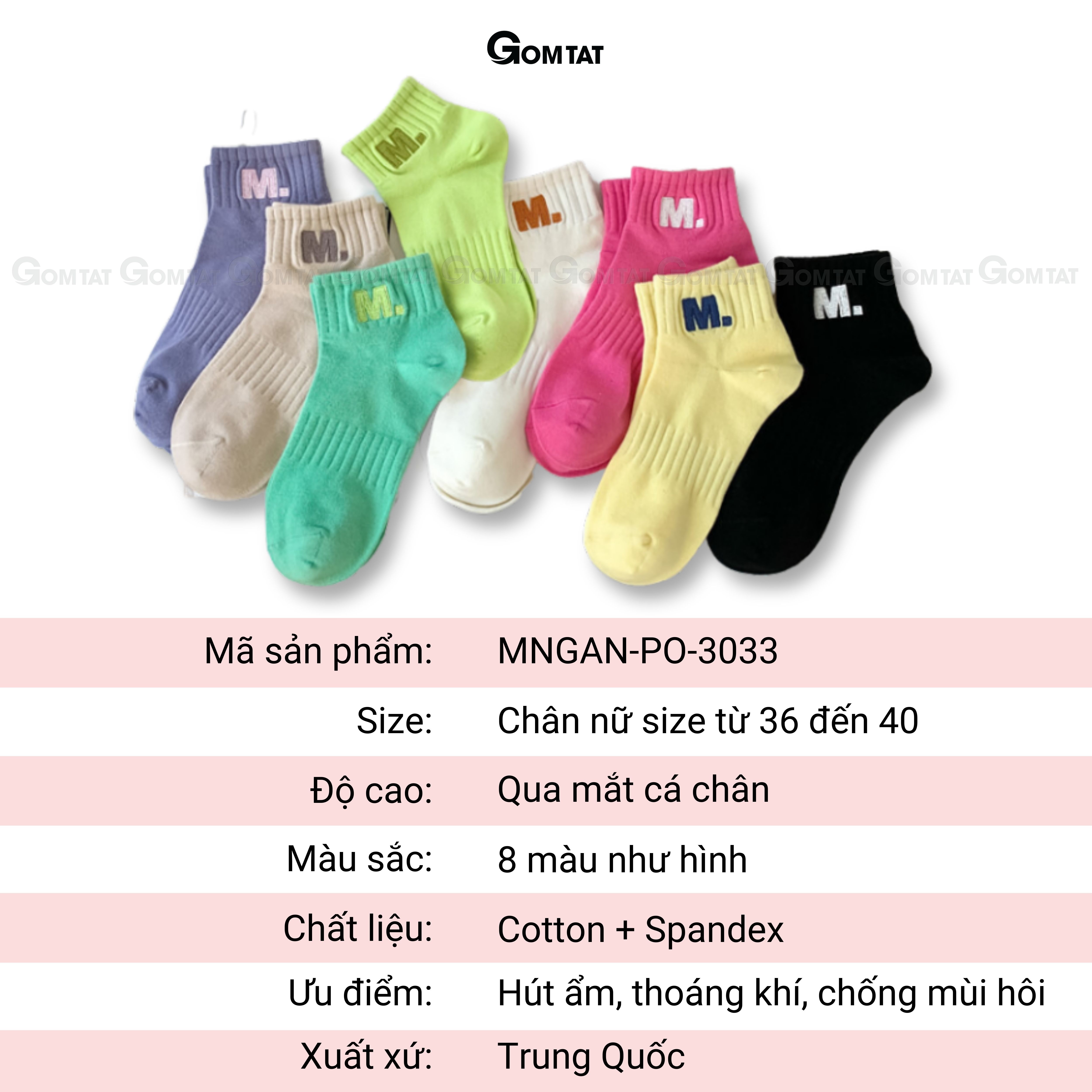 Tất cổ ngắn nữ cao cấp mẫu chữ M, vớ cổ thấp nữ chất liệu cotton mềm mại, thoáng khí - MNGAN-PO-3033-1DOI