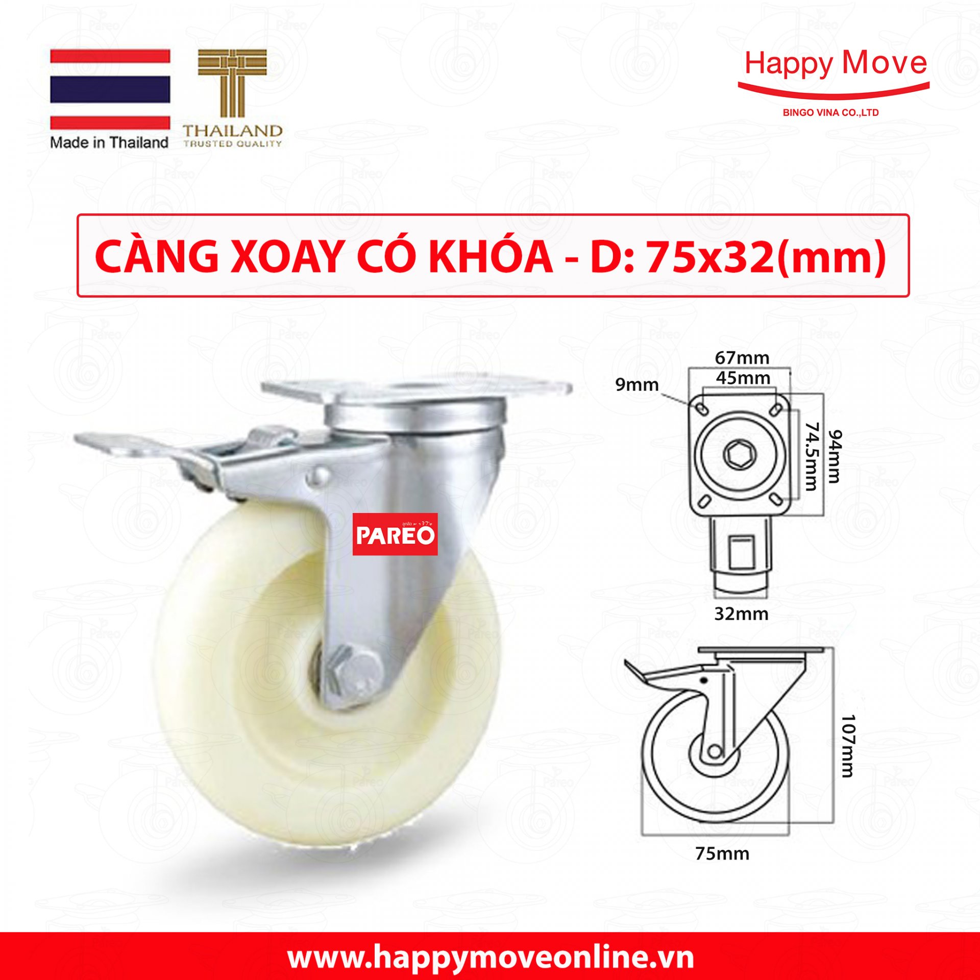 Bánh xe đẩy nhựa trắng PP Eco càng thép xoay 360 độ có khóa 75-100-125mm - Happy Move Thái Lan