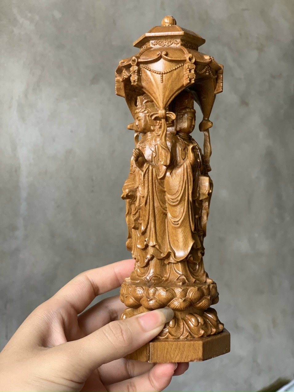 Tượng phật tam thánh bằng gỗ bách xanh thơm nức kt 20×8×7cm