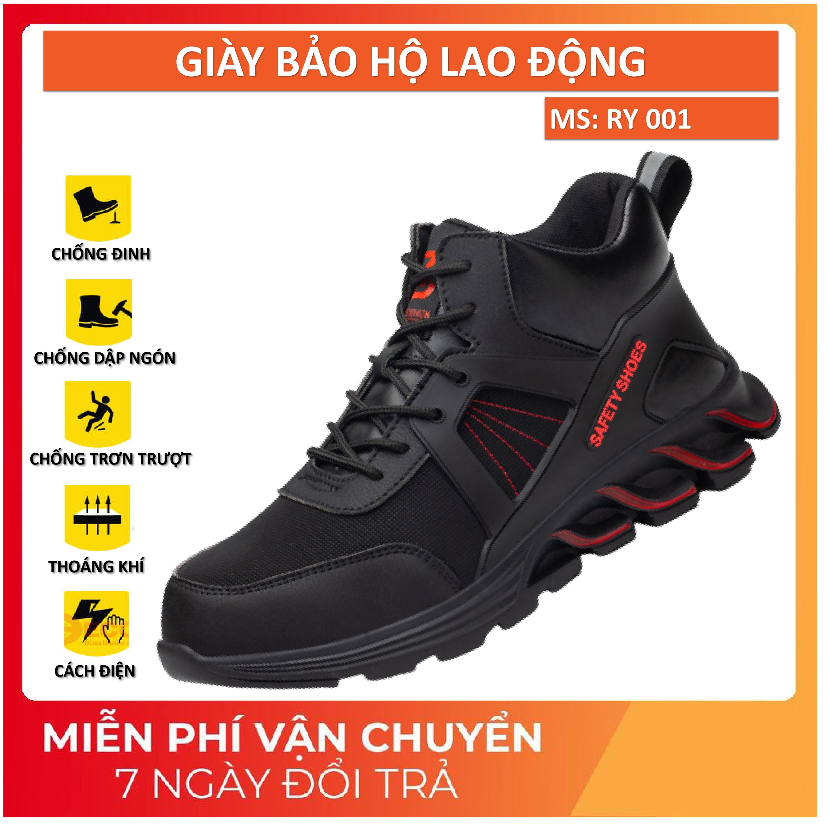 Giày Bảo Hộ Lao Động Thể Thao RY001 Siêu Nhẹ, Chống Va Đập Mạnh, Chống đinh, Đế Giày Cách Điện Tiêu Chuẩn, Nhập Khẩu Trung Quốc, Tặng Kèm Vớ