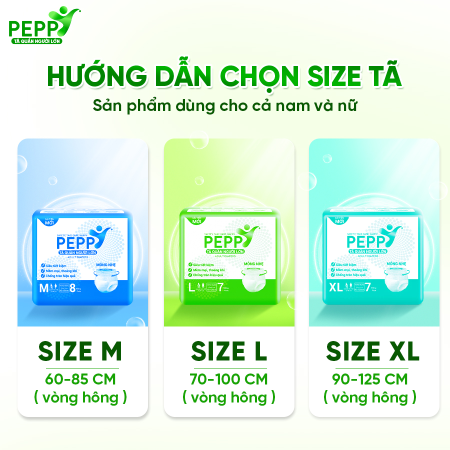 Tã/Bỉm Quần Người Lớn, Người Già Peppy Siêu Mỏng, Siêu Thấm, Mềm Mại, Kháng Khuẩn Size M8/L7/XL7 