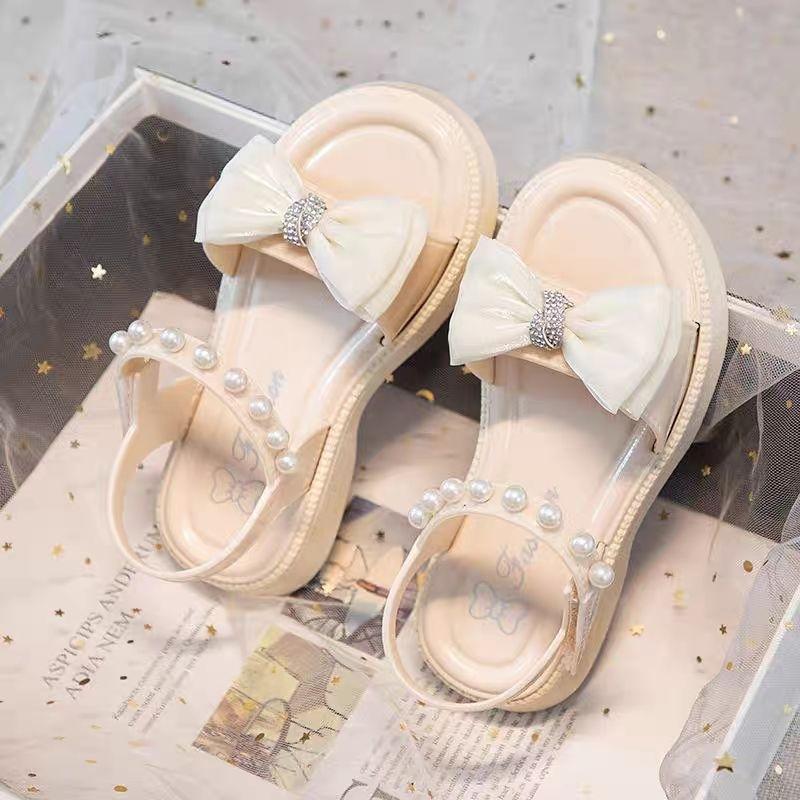 Giày sandal bé gái đính nơ hạt châu cực xinh chất nhựa mềm dẻo chống trơn chống nước đi học đi biển - SE002 - Đen