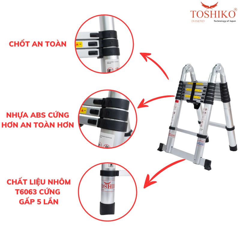 Thang Nhôm Đôi Rút Chữ A Toshiko Gấp Gọn 1m9m, 2m2, 2m5, 2m8, 3m2 Tải Trongj 150kg Bảo Hành 3 Năm