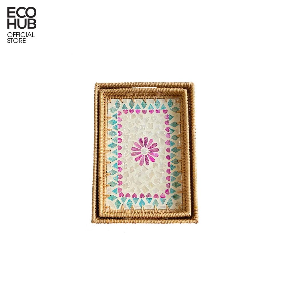 Khay mây chữ nhật ECOHUB có họa tiết đáy vintage đựng hoa quả, ấm trà, đồ ăn, mỹ phẩm