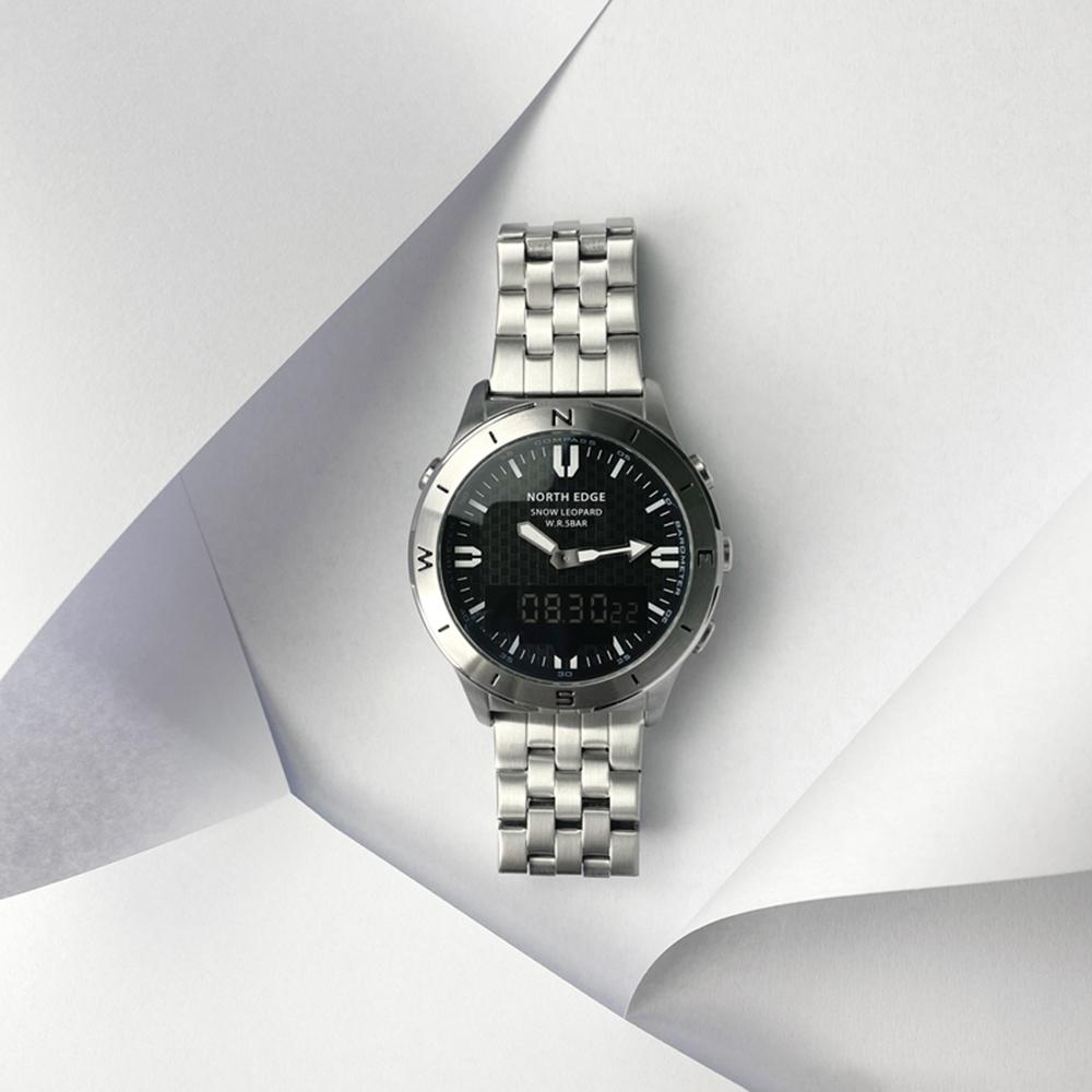NORTH EDGE Stainless Steel Wrist Watch for Men 50M Waterproof Outdoor Sports Digital Watch with Compass Altimeter Barometer Thermometer