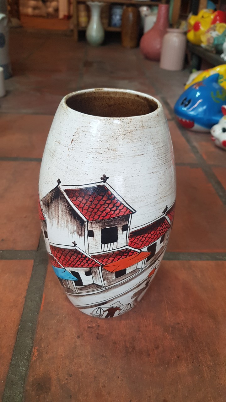 Bình hoa, bình cắm hoa với hoa văn phố cổ sinh động, cao 25cm, trang trí nhà cửa, quà tặng tân gia, sinh nhật, gốm Bát Tràng. Giao từ HCM