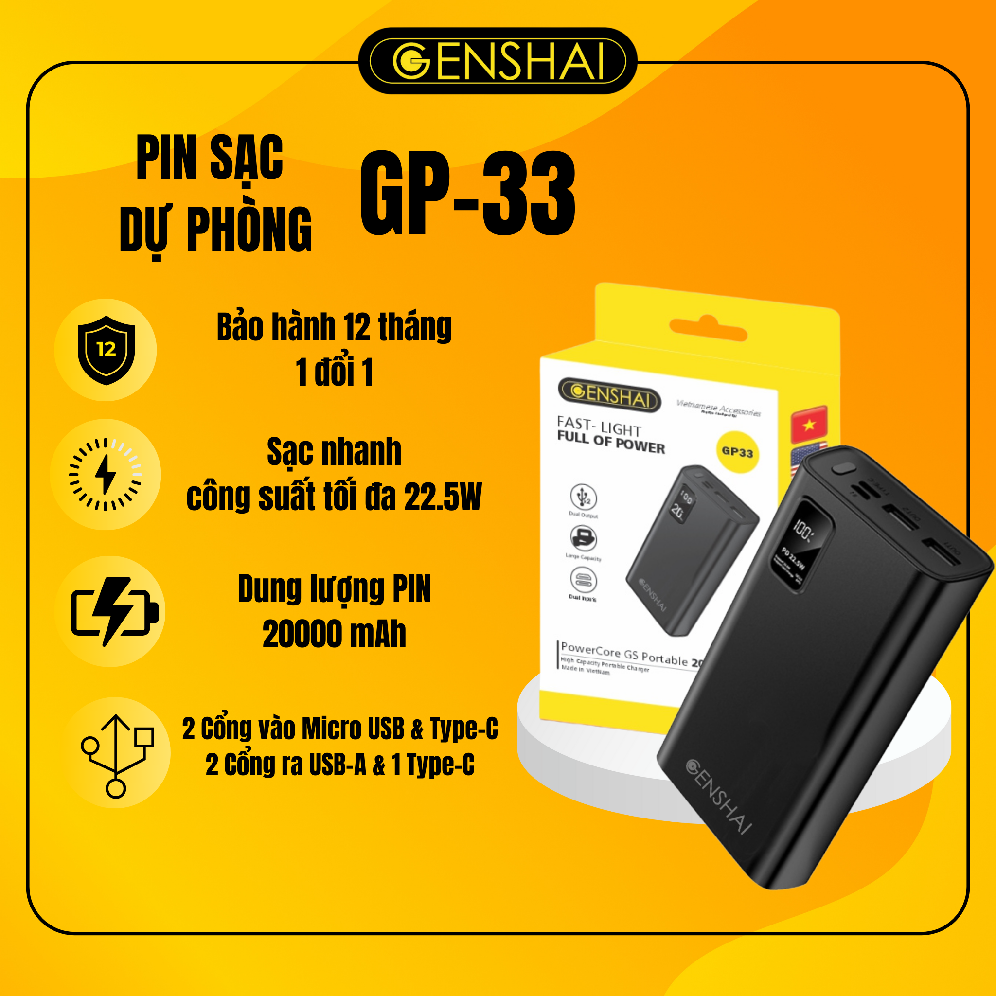 Pin sạc dự phòng Genshai GP-33 20.000mAh màn hình led hàng chính hãng | Bảo hành 12 tháng 1 đổi 1| Made in Việt Nam