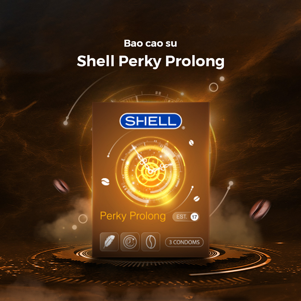 Bao cao su Shell Perky Prolong kéo dài thời gian, hương cà phê - Hộp 3 cái