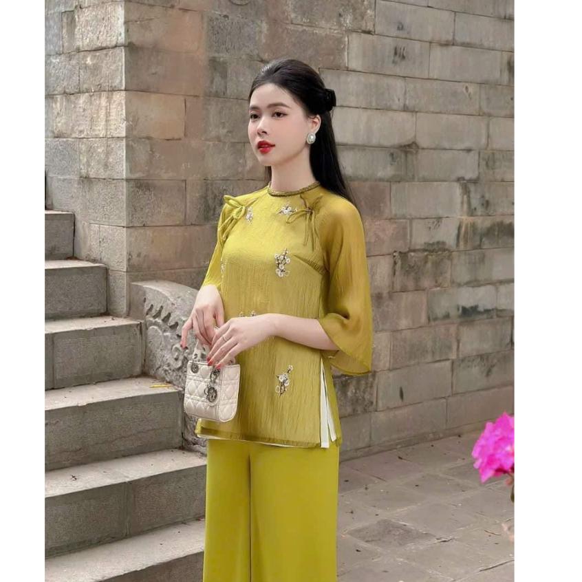Set bộ nữ đi chùa cao cấp chất vải tơ mịn thêu hoa nổi tinh tế, màu xanh cốm phối quần lụa cùng màu